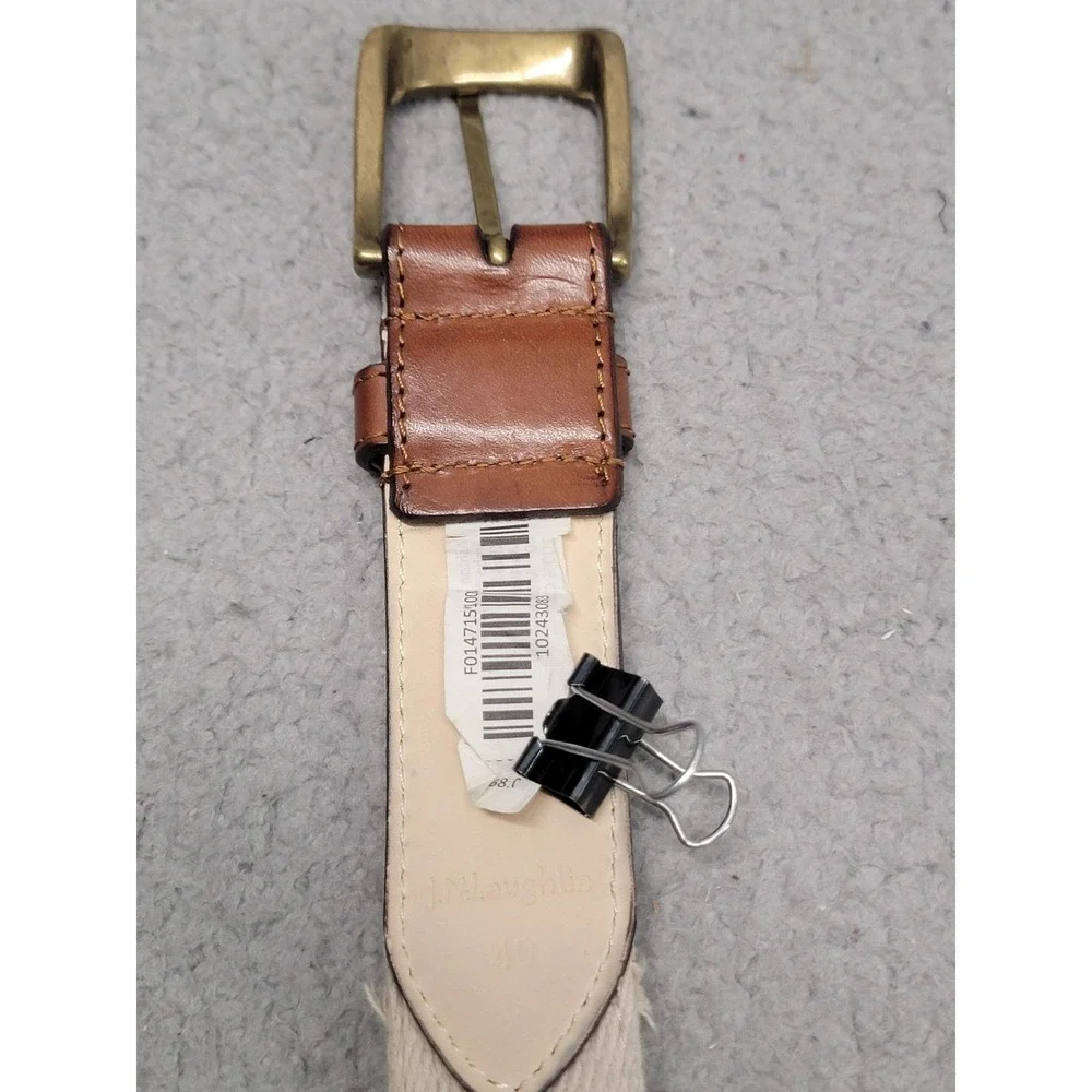 J.McLaughlin Belt Mens 40 Khaki Ashton Embroidered Martini Webbing Leather Trim‎
